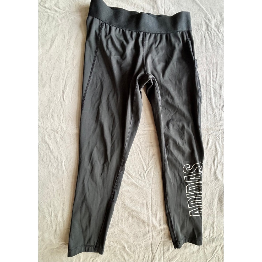 Adidas Aeroready Black Cropped Leggings Graphic Logo Pockets Womens Medium